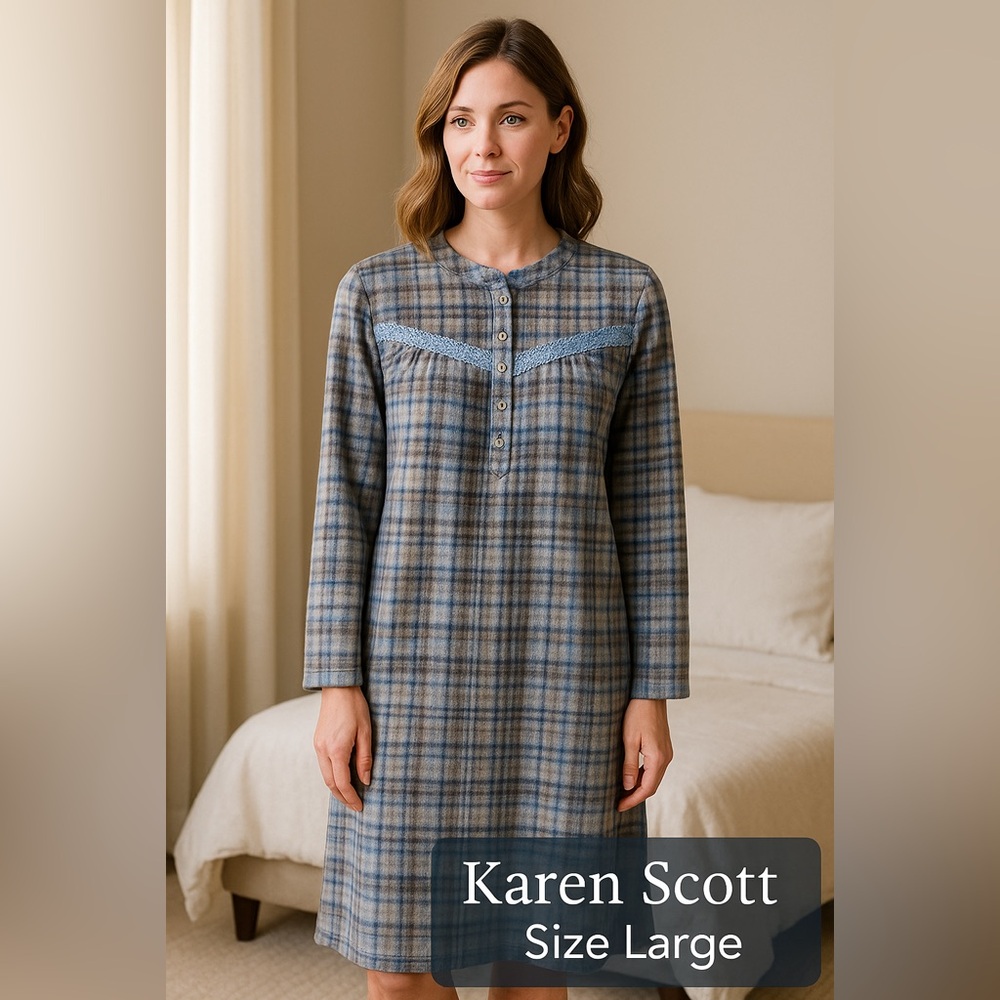 Karen Scott Fleece Plaid Nightgown • Blue Gray • Lace Trim • Size Large